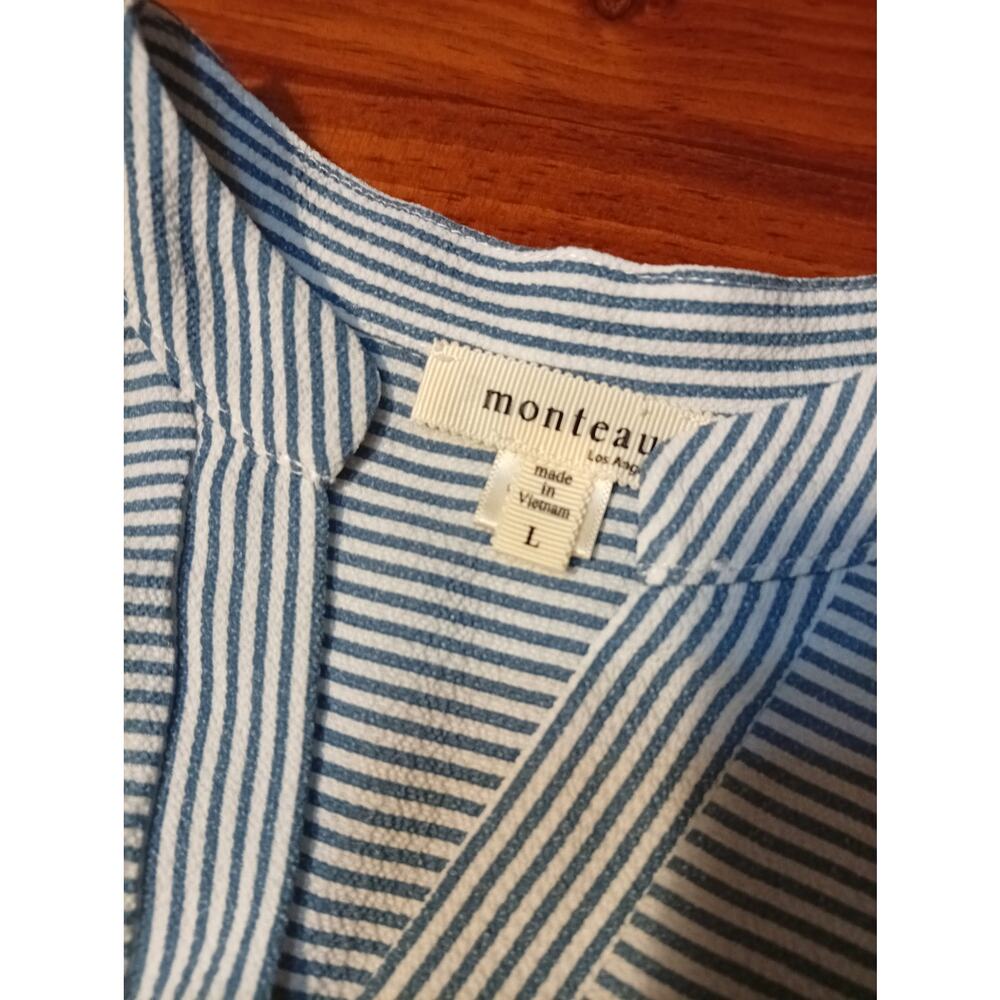 Monteau Dress  L blue and white striped tiered midi - Picture 3 of 5